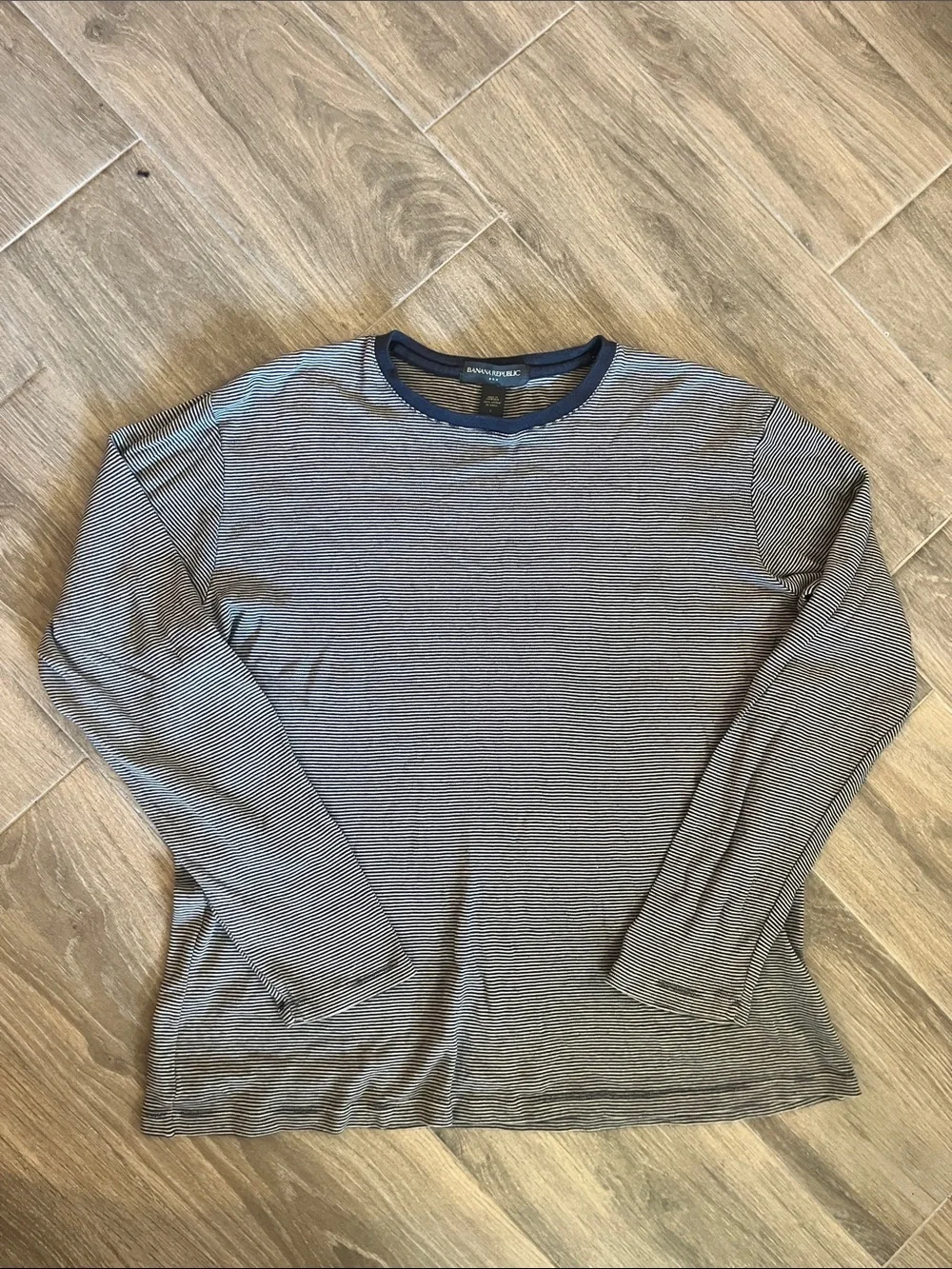 Banana Republic Men’s Long-Sleeve Crewneck — Navy and White Micro Stripe
